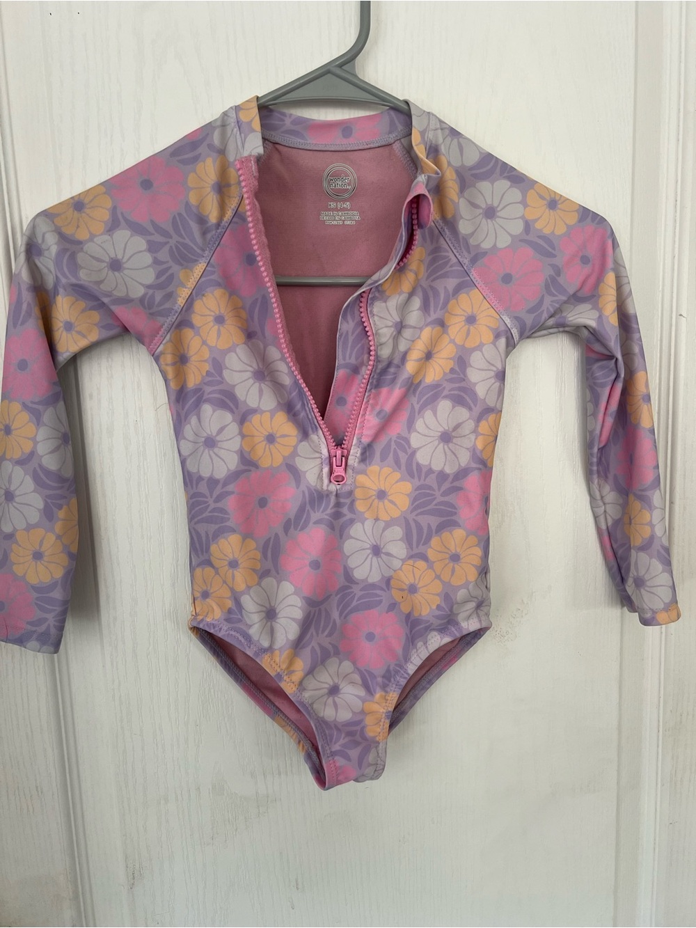 Kids Long Sleeve One-Piece Swimsuit - Floral Pink & Purple